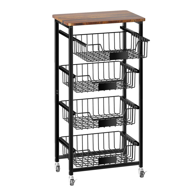 Organisateur de cuisine à 5 niveaux et chariot de rangement avec paniers coulissants et plateau en bois