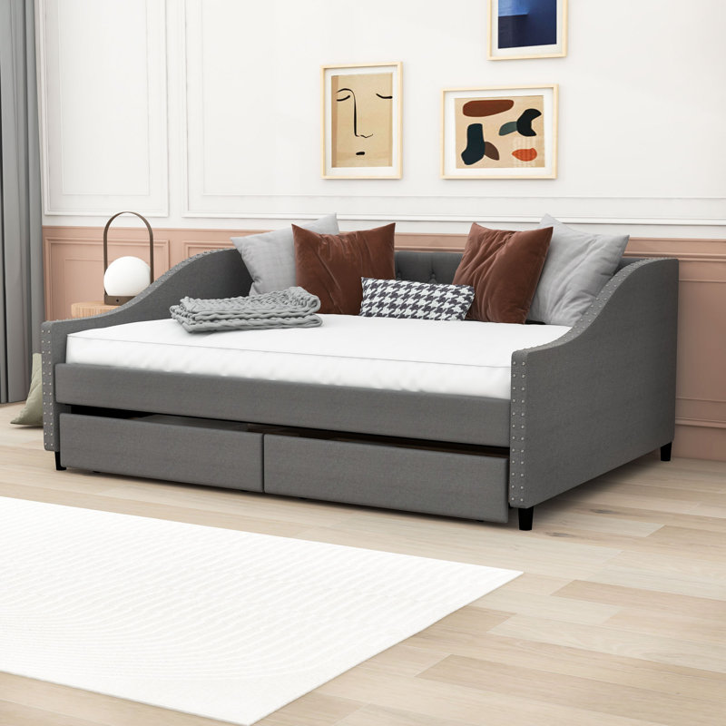 Full Size Upholstered Daybed with Two Drawers, Gray