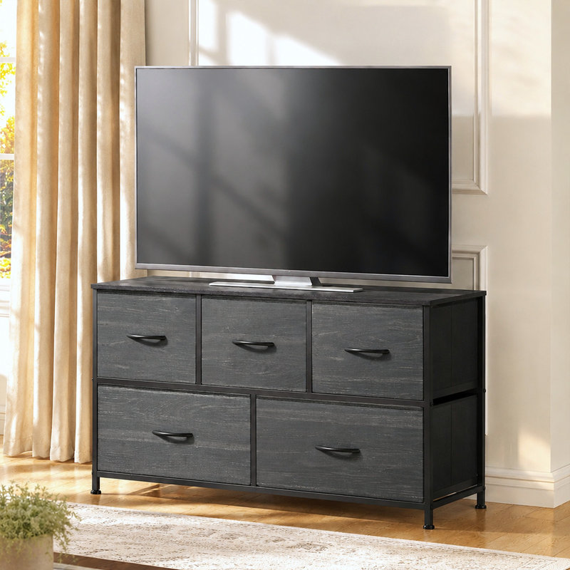 Amanah 39.1'' W 5-Drawer Black Dresser For Bedroom, Storage Unit With Sturdy Steel Frame, TV Stand With Wooden, Chest of Drawers for Closet, Living Room
