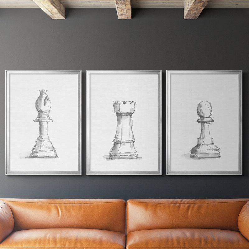 Chess Room Study IV - Toile tendue avec châssis sur mesure - 3 pièces, H 30 po x l 63 po, Argent argent