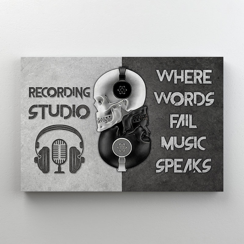 «Skeleton In Studio Studio - Where Words Fall Music Speaks», reproduction d'art graphique sur toile tendue