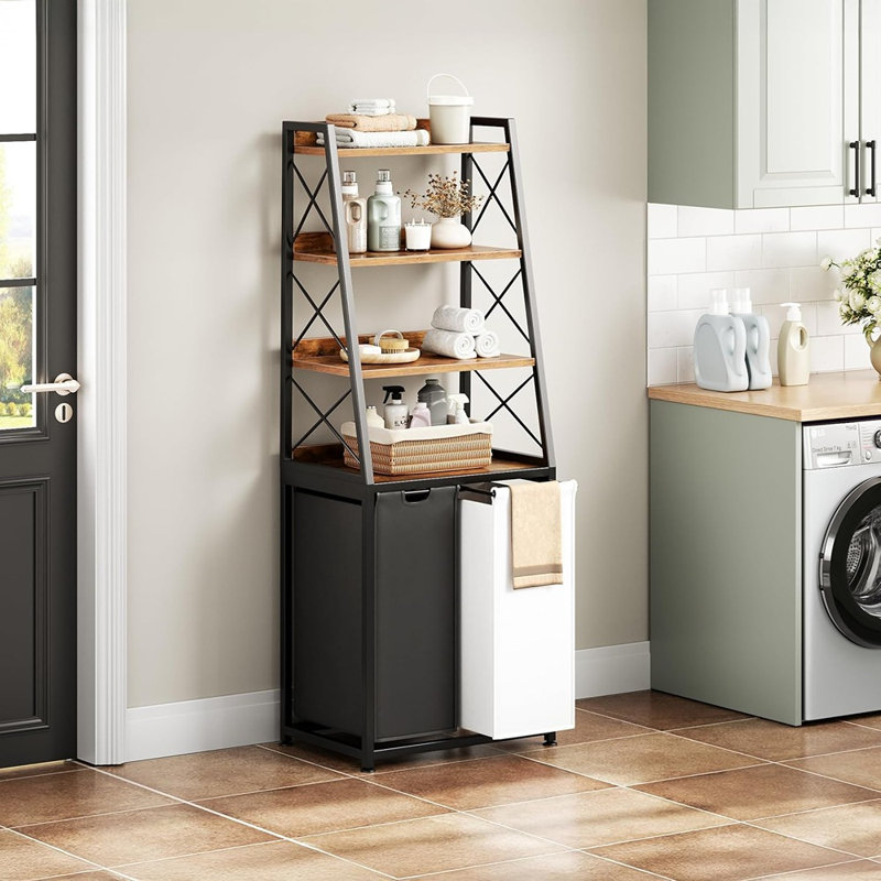 Two-Section Laundry Hamper with Four-Tier Storage Shelves, Removable Pull-Out Bags, Rustic Brown