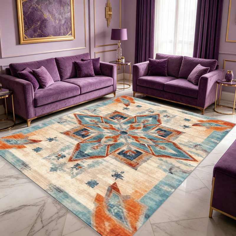 Orange Blue Bohemian   area rugs for Living Room, Soft and Comfortable, Suitable for all seasons, easy to maintain, machine washable Indoor floor mat, Under Table Farmhouse suitable for Bedroom, Dining Room, Study,  Balcony, Home Decor Patio