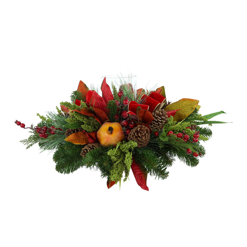 Holiday Candleholder Arrangement with Evergreens and Pinecones