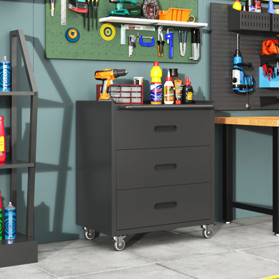 Armoire en métal robuste avec 3 tiroirs et roulettes - garage, bureau, maison. Acier robuste, noir. 360 rotatif. Compartiments de rangement spacieux. Roues pivotantes de 160 lb à tiroir supérieur. Rangement.
