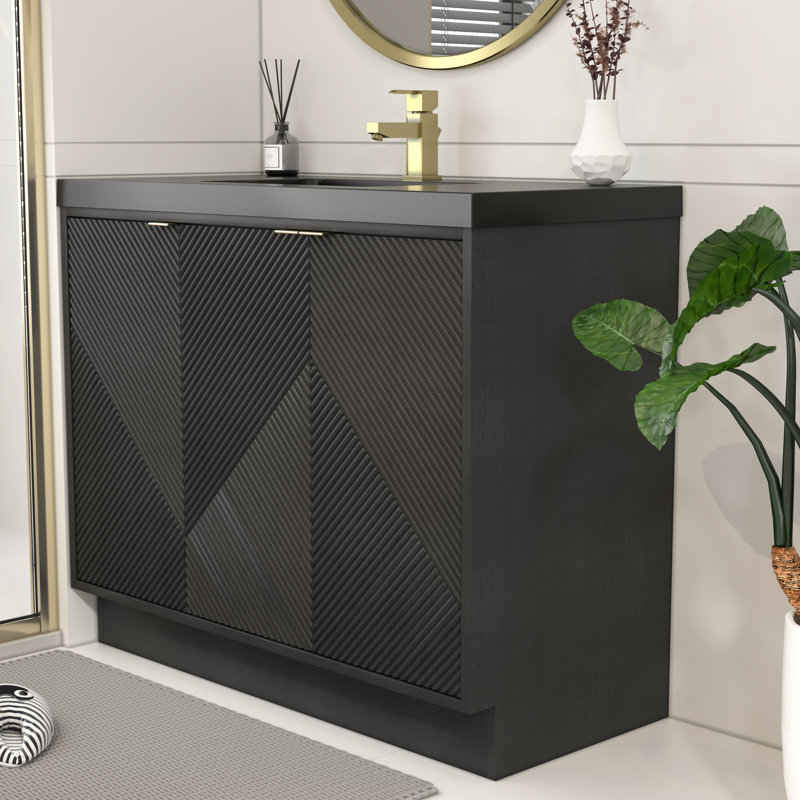 Meuble-lavabo autoportant 41,7 po Monterey + lavabo en acrylique noir renforcé (portes à droite), Noir