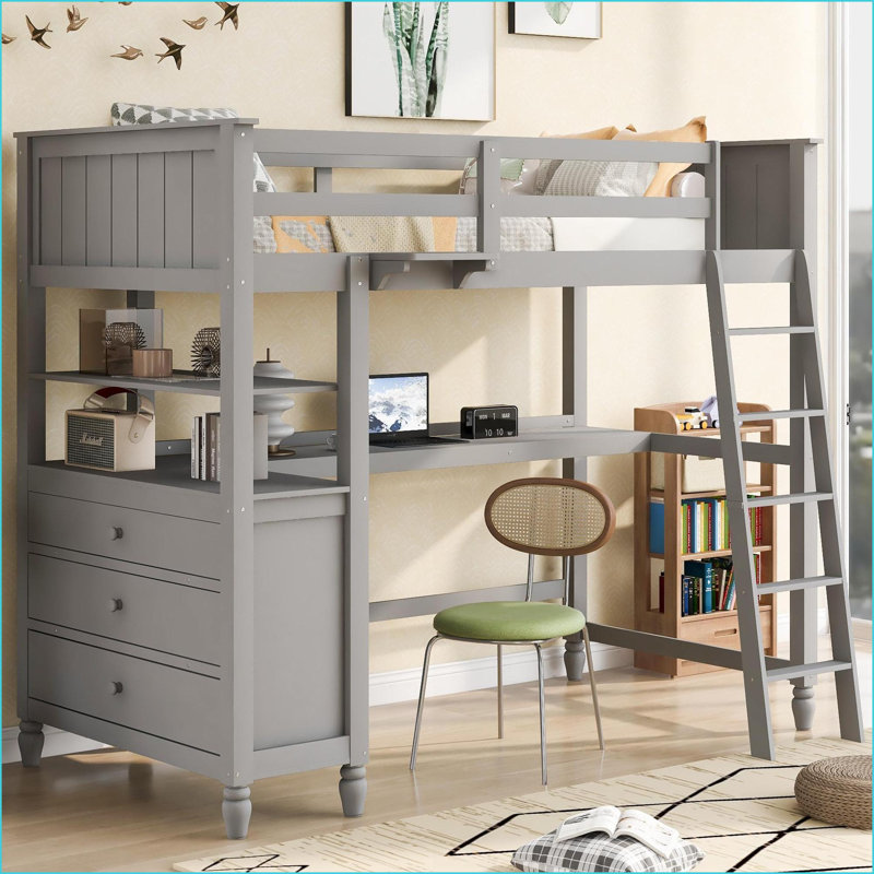 Lit mezzanine simple en bois de pin avec tablettes de bureau à tiroirs - gris, sans sommier