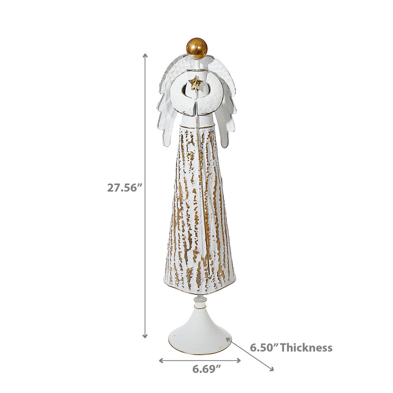 Tall White and Gold Metal Winged Angel Sculpture