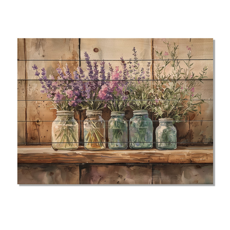 Lavande et bouquet de romarin II - décoration murale en bois de lavande - sur bois de pin naturel