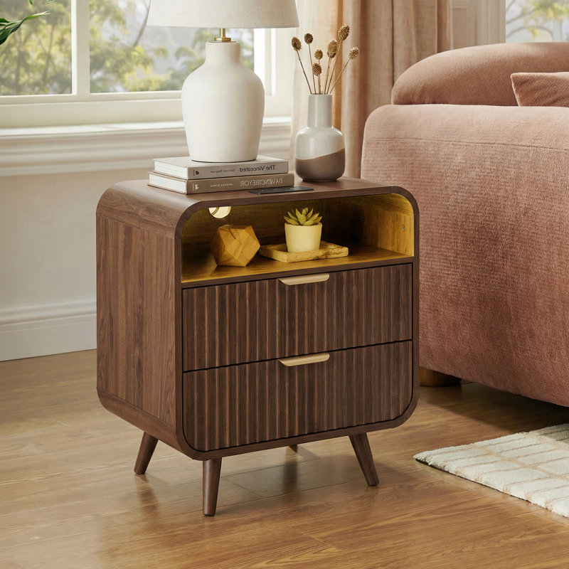Table de chevet 24 po avec station de charge, lumière DEL, 2 tiroirs, ports USB-C et USB-A 24 po, Bois de noyer