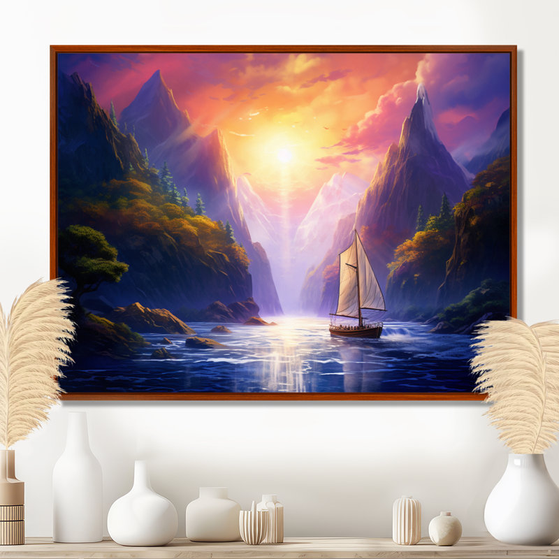 Voilier partant du fjord Harber, coucher de soleil magique - salon d'art mural en bateau, Cadre flottant brun
