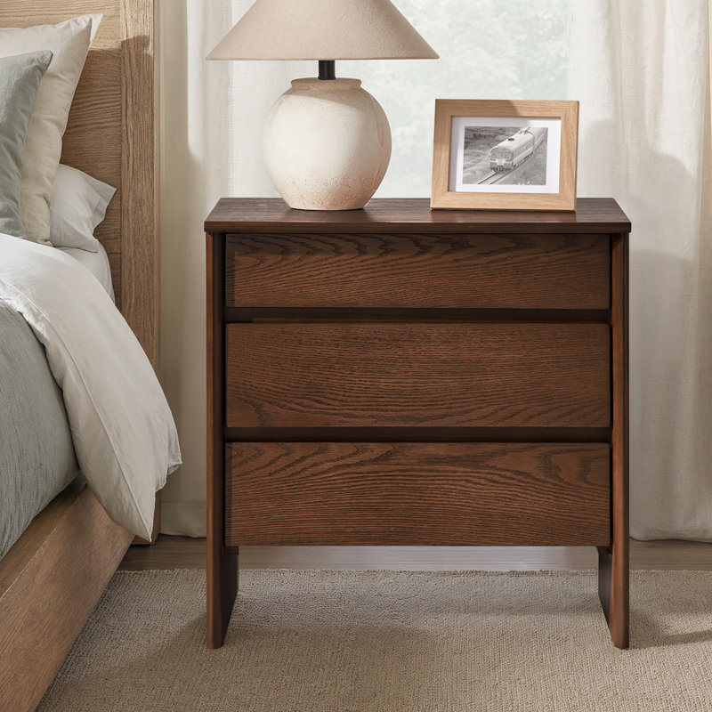 Jepson 24.25''W Fully Assembled Mid-century Modern 3 Soft-Close Drawers Nightstand with Built-In Outlets, Walnut