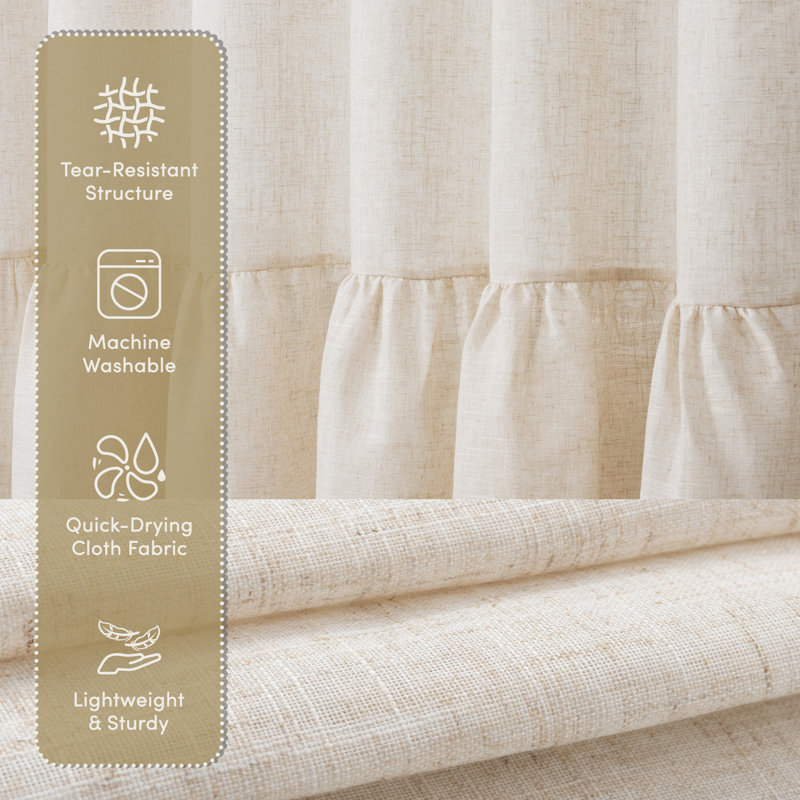 Linen Blend Farmhouse Shower Curtain With Ruffle Hem, 72"H x 84"W, Linen