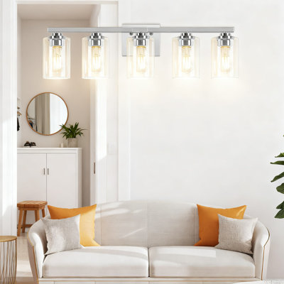 Luminaire de salle de bain 5 lumières, éclairage de salle de bain moderne avec abat-jour en verre transparent, finition nickel brossé pour installation dans le miroir, le salon, la chambre à coucher et le porche
