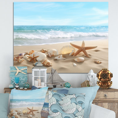 Étoile de mer et coquillages V - plage moderne, art mural sur toile
