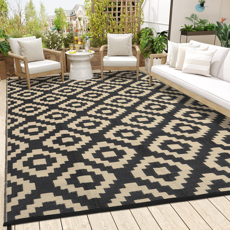 Tapis de paille en plastique à motif géométrique pour l'extérieur, Rectangle 9 pi x 12 pi