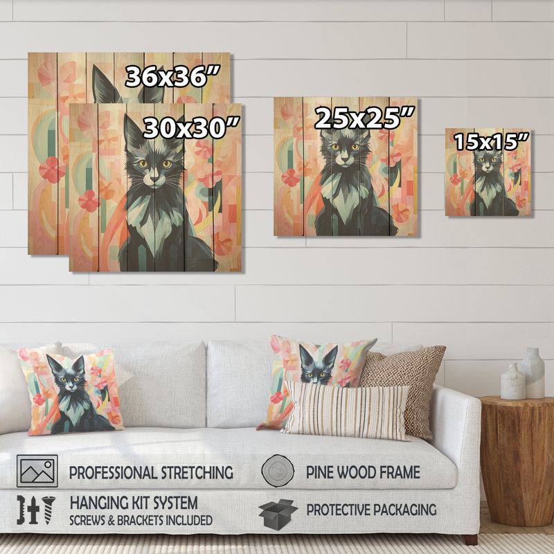 «Black Playful Cat Floral Meadows» - Chat sur impression sur bois, H 15 po x l 15 po