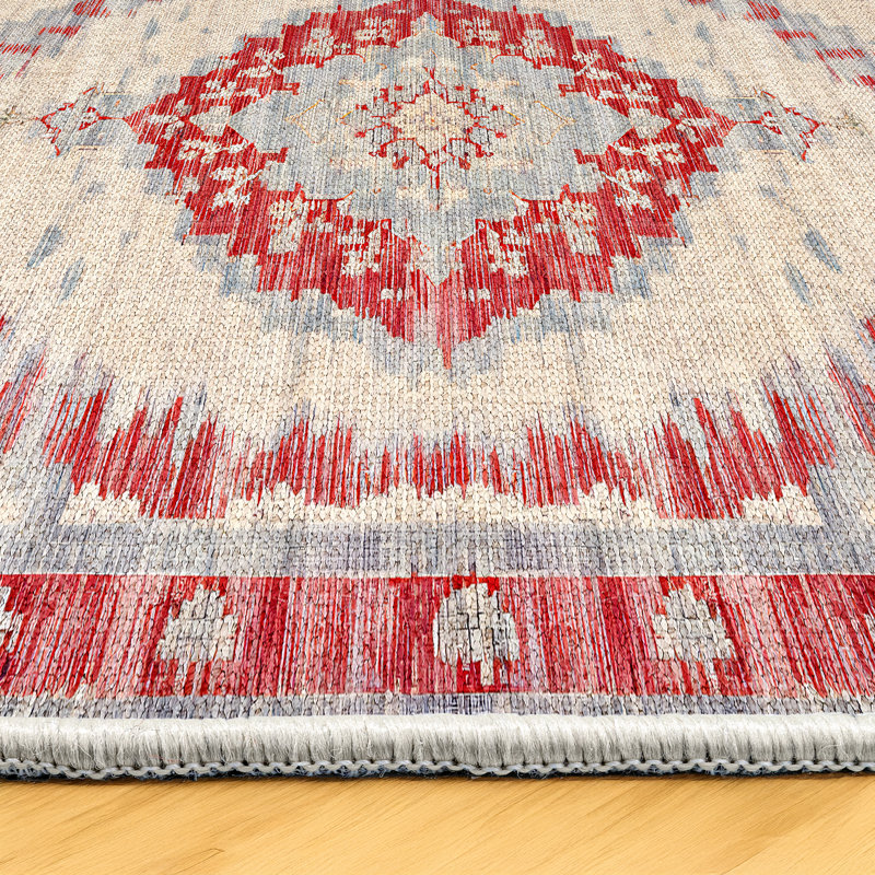 Marisol Burgundy Beige Gray Oriental Machine Printed Cotton Polyester Area Rug, Runner 2'8" x 11'6"