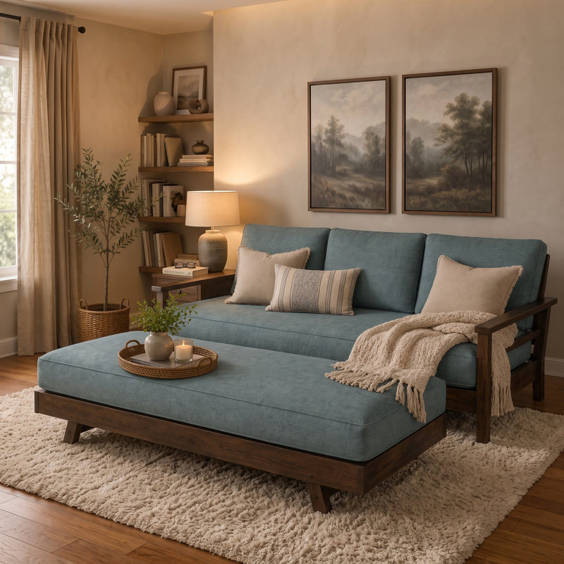 Lit de jour et pouf Pendleton à structure en bois avec matelas et coussins de dossier, Linen Aqua