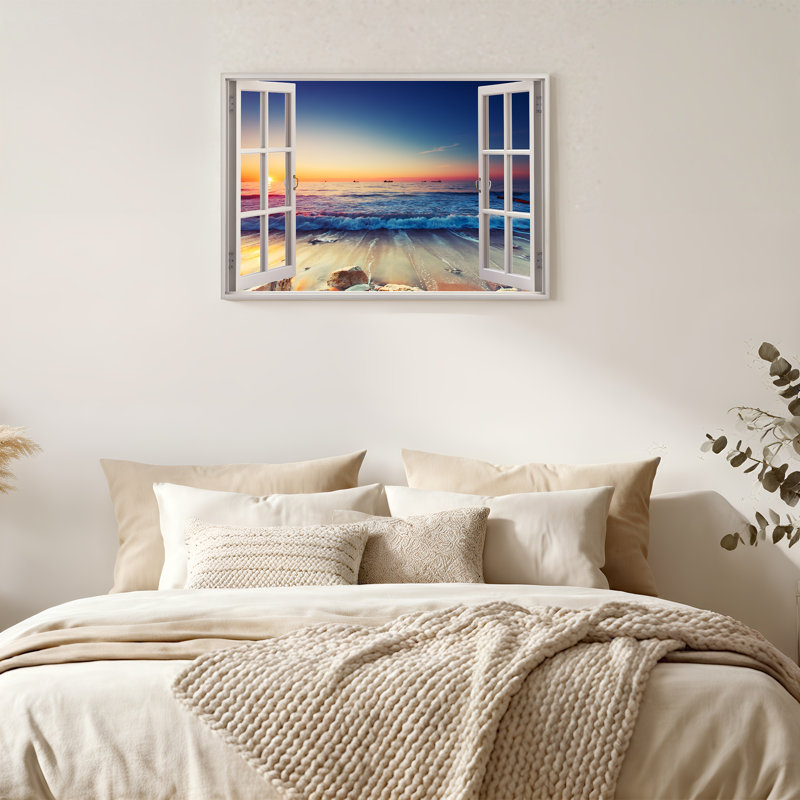 Toile ouverte sur fond blanc avec vue sur l'océan, H 20 po x l 30 po
