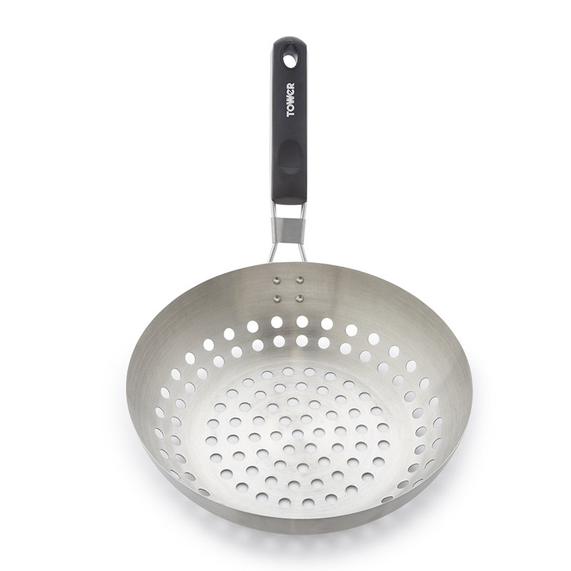 Tower BBQ 28cm Grill Wok with Folding Heat Resistant Handle, Stainless Steel