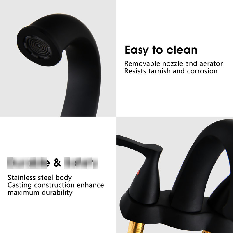 Matte Black 2 Handle Bathroom Sink Faucet. 4-Inch Design. Brass Construction. Corrosion Plating. Pop-Up Drain. Water Aerator. Simple Installation Process For 2 Sinks