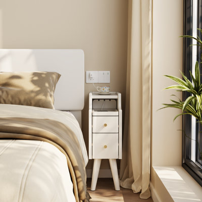 Narrow Solid Wood Nightstand with 2 Drawers