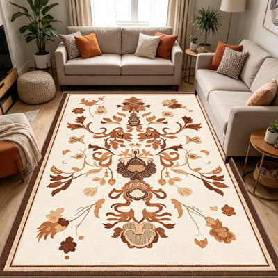 Tapis en terre cuite à motif floral en médaillon pour le salon, doux et confortable, convient à toutes les saisons, facile à entretenir, tapis de sol intérieur lavable à la machine, ferme sous la table adaptée pour la chambre à coucher, la salle à manger, le bureau, le balcon, le patio