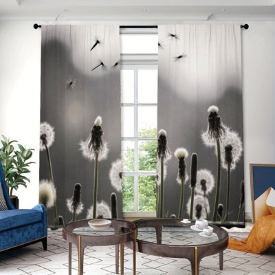 Rideau filtrant 2 panneaux de pissenlit soufflé par le vent à 2 panneaux, motif de paysage naturel noir et blanc, décoration de printemps, passe-tringle facile à suspendre, rideaux de fenêtre toutes saisons pour le salon et la chambre à coucher