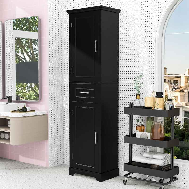 Tall Freestanding Bathroom Storage Cabinet with Adjustable Shelves, Drawer and Anti-Toppling Design, Black