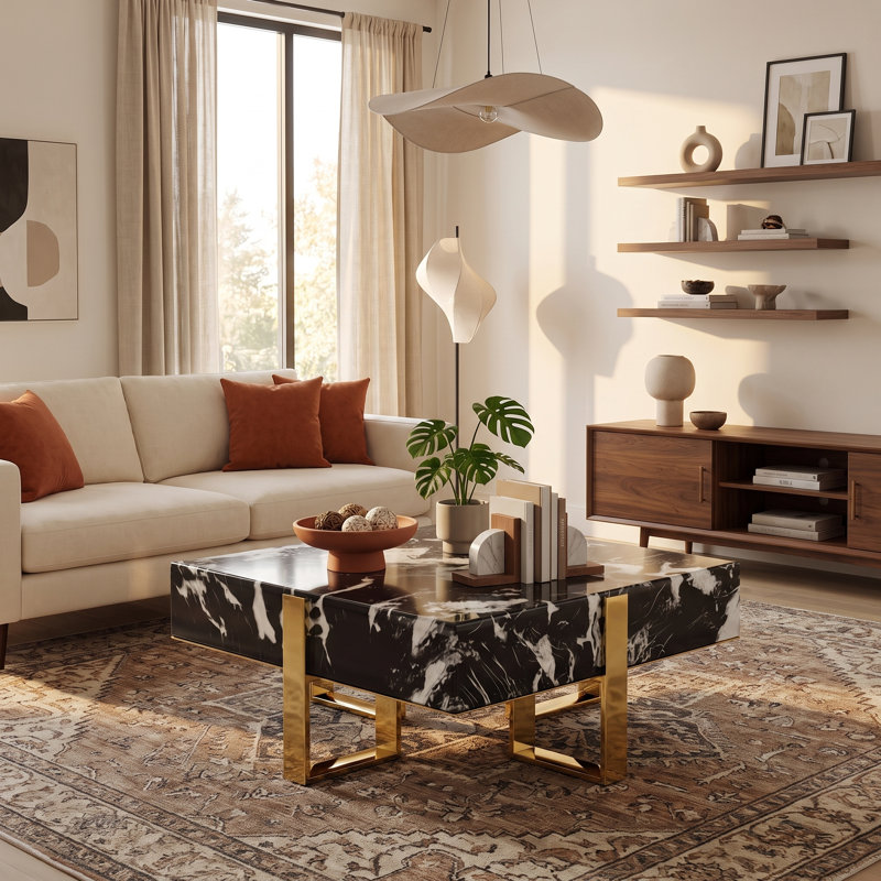 Table basse 31,5 "carrée en faux marbre avec base en acier inoxydable doré poli, centre de table de salon moderne