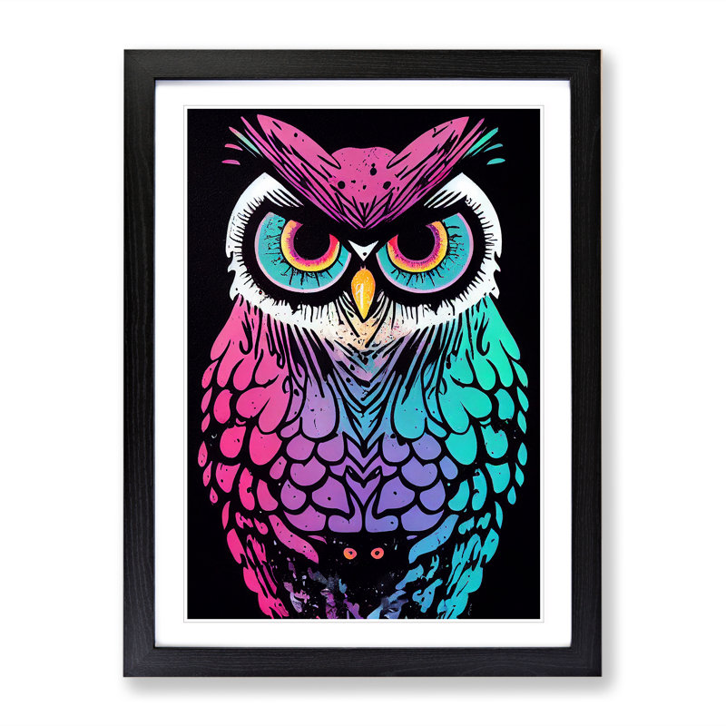 Neon Owl - Single Picture Frame Print, Black, 64cm H x 46cm W x 2cm D