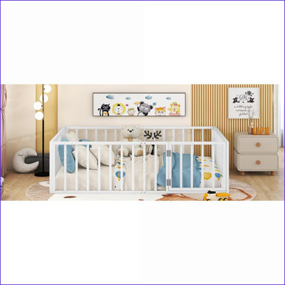 Full Size Metal Floor Bed Frame with Door &amp; Fence, White – Versatile Open Design for Bedrooms