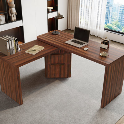 Modern Walnut L Shaped Desk With 3 Drawers And 360 Rotation, 90" For Home Office Environment In Wood Rotating, For Living Room