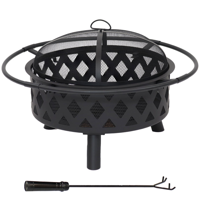 Jahidul Crossweave Round Wood-Burning Steel Outdoor Fire Pit with Screen, 21" H x 30" W x 30" D, Black