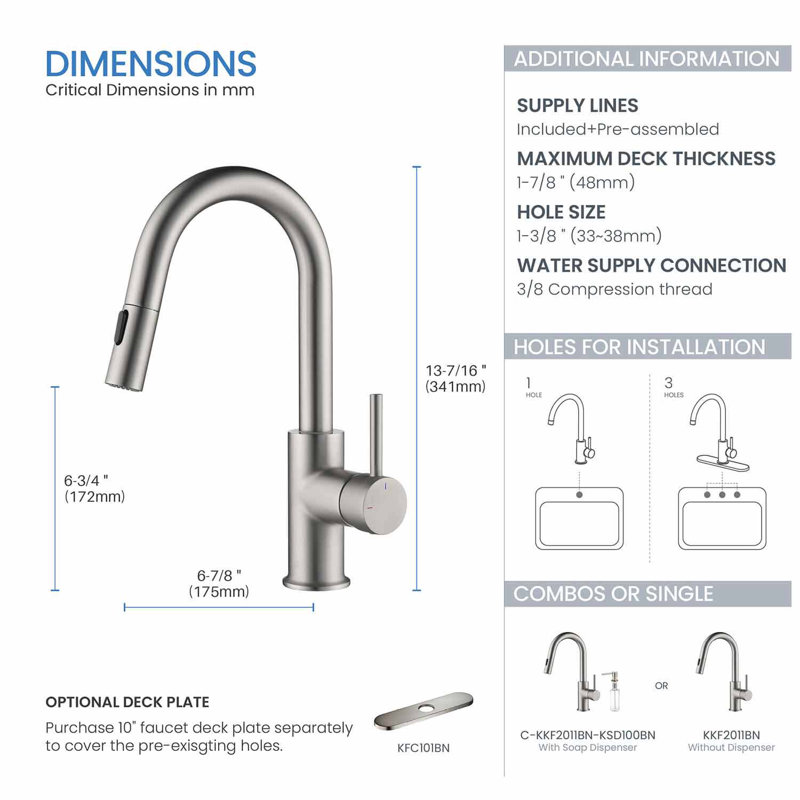 KIBI Luxe Pull Down Kitchen Faucet, Brushed Nickel