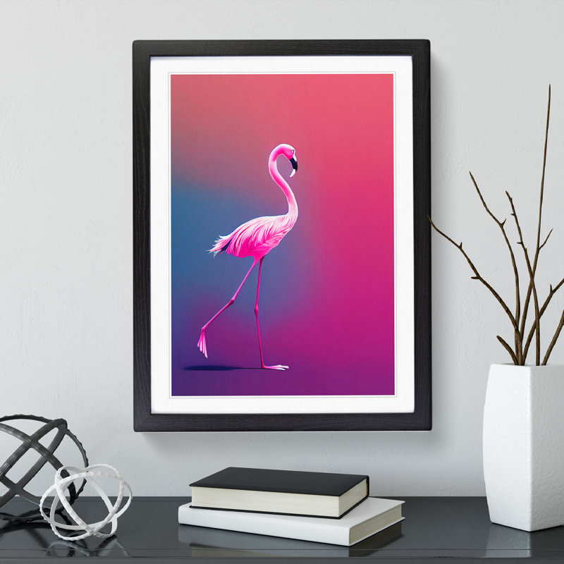 Strolling Flamingo - Single Picture Frame Print, Black , 34cm H x 25cm W x 2cm D