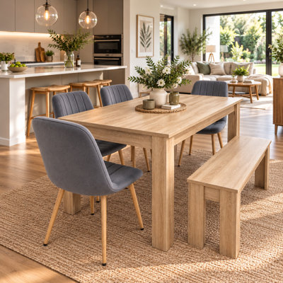 Light Wood-Effect Dining Table Set with Grey Velvet Chairs & Bench
