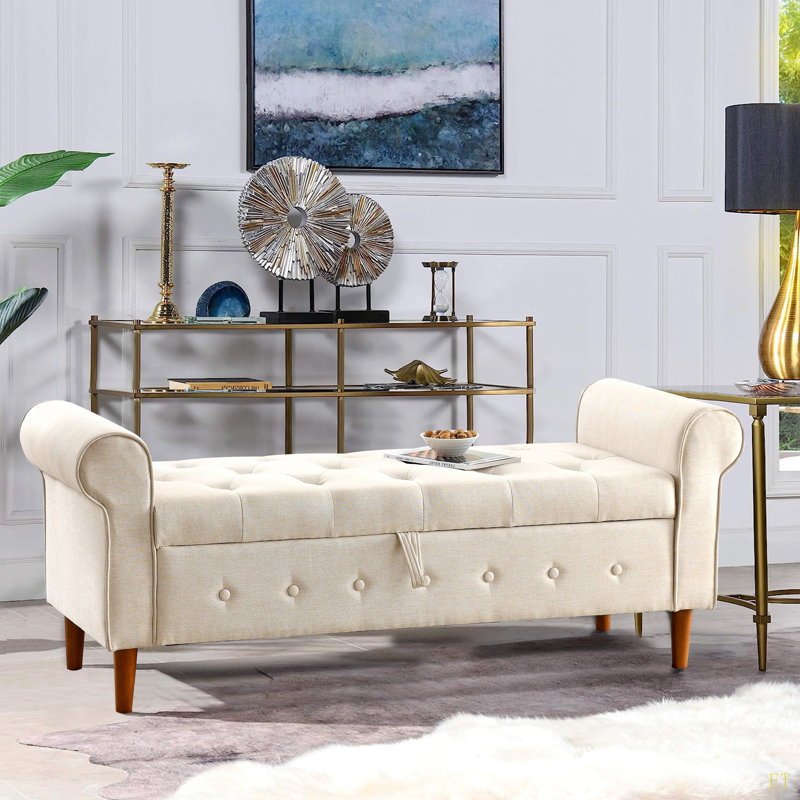 Banc de rangement capitonné à boutons de 62 po pour la chambre à coucher de 62 po, repose-pieds rembourré en tissu moderne, banc de fenêtre, accoudoirs roulés pour chambre à coucher, salon, vestibule