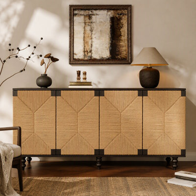 Accent Natural Sideboard Buffet Cabinet Storage Wood TV Stand In Wire-Brushed And Seagrass Doors Sideboard, For Hallway, Entryway Or Dining Room