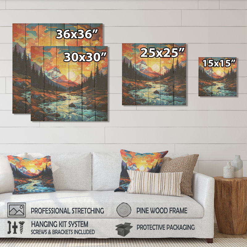 Coucher de soleil coloré sur l'horizon II - fruits sur bois, H 15 po x l 15 po