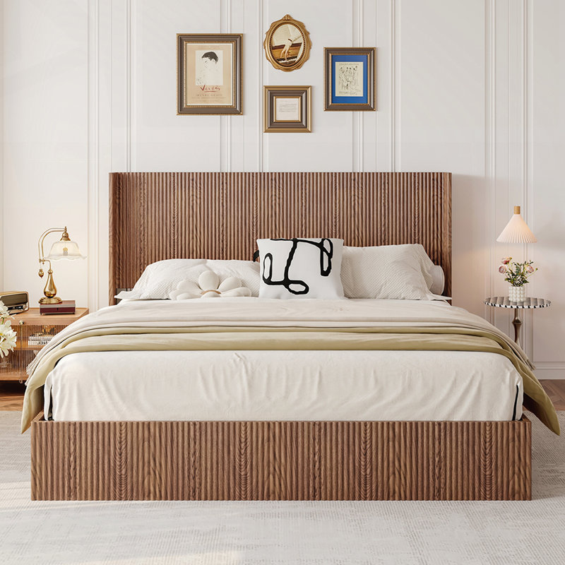 King Size Hydraulic Lift Storage Bed - Rustic Brown Wood Platform Bed Frame with 1000lb Capacity, No Box Spring Needed, American Artsy Design