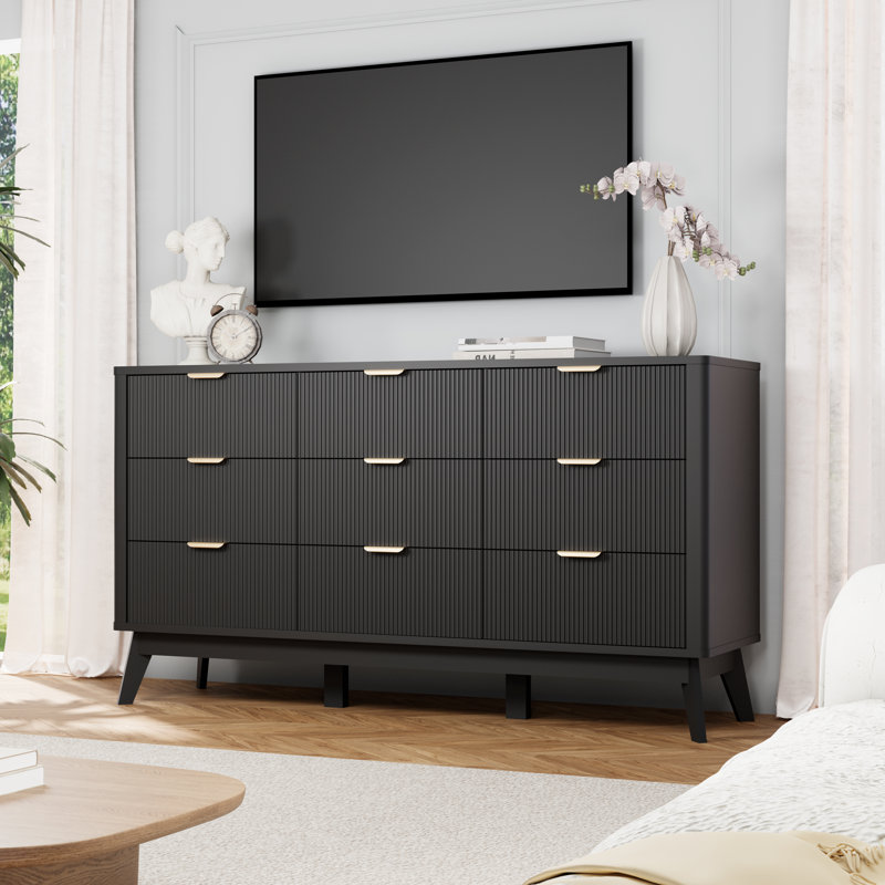 Commode 9 tiroirs cannelée, 59'w 9 Drawers Black