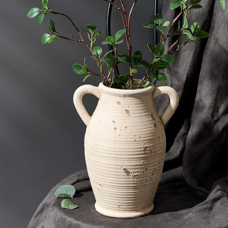 Handmade Ceramic Farmhouse Vase With Handles For Home Decor, Rustic Distressed Flower Vase For Living Room, Shelf, Table, And Entryway Decoration
