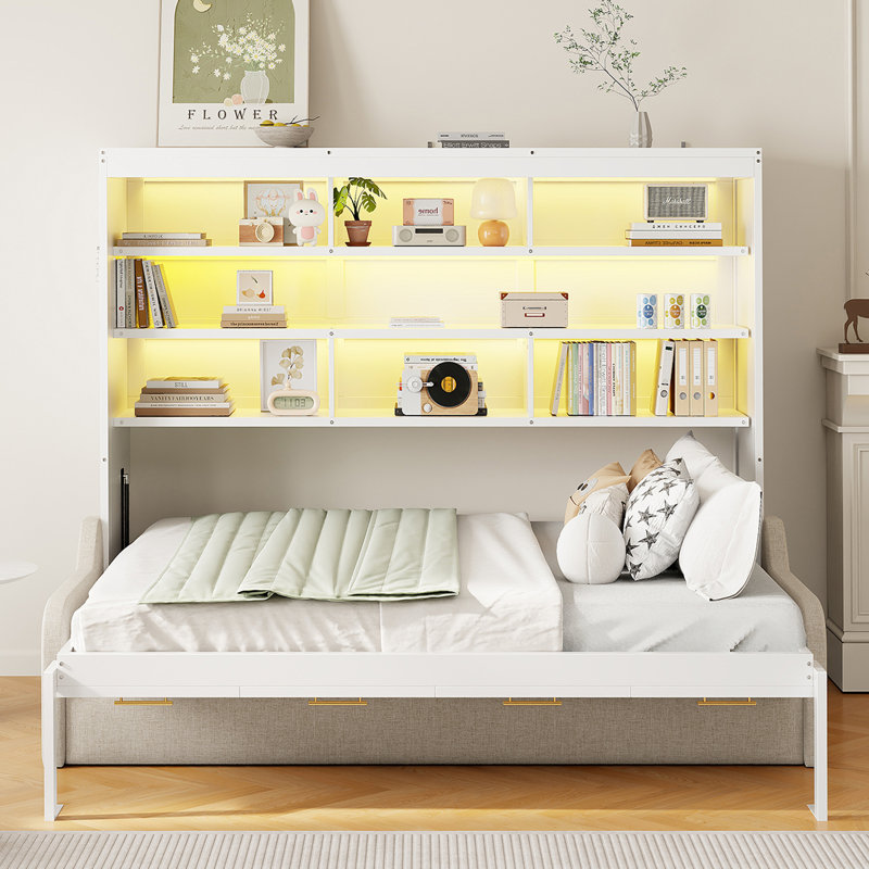 Lit escamotable avec canapé escamotable Murphy, tablettes de rangement intégrées et éclairage DEL, Double