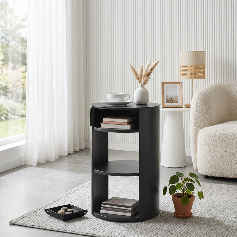 Table d'appoint ronde moderne autoportante FFZ 25 po avec garde-robe à 3 niveaux et porte coulissante, structure en fer