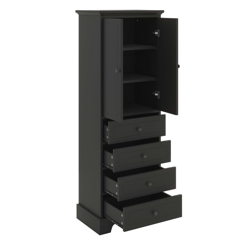 Armoire de rangement tendance avec 2 portes et 4 tiroirs pour tablette ajustable pour salle de bain ou bureau, Noir