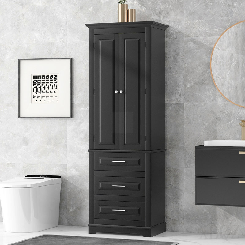 Tall Storage Cabinet With Three Drawers For Bathroom/Office, Black, Black