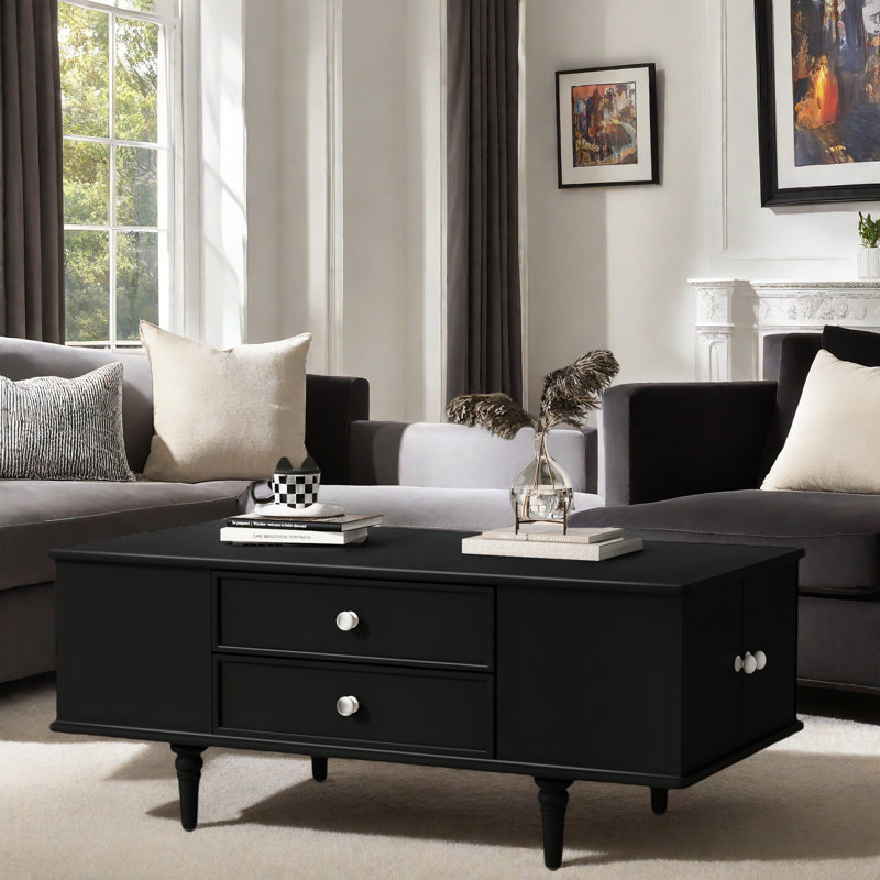 Table basse avec quatre tiroirs et deux compartiments de rangement latéraux cachés, Noir