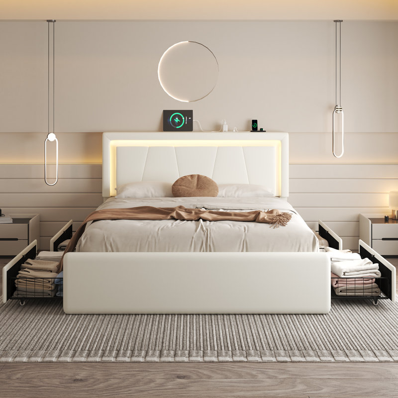 Upholstered Platform Bed with 4 Large Storage Drawers, RGB LED lights, Charging Station, Adjustable Headboard, Easy Assembly